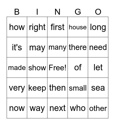 Sight Words 71-150 Bingo Card