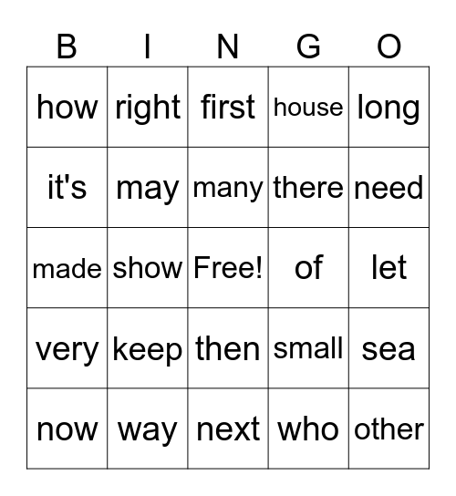 Sight Words 71-150 Bingo Card
