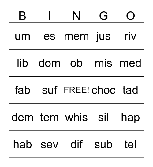 Detached Syllables Bingo Card