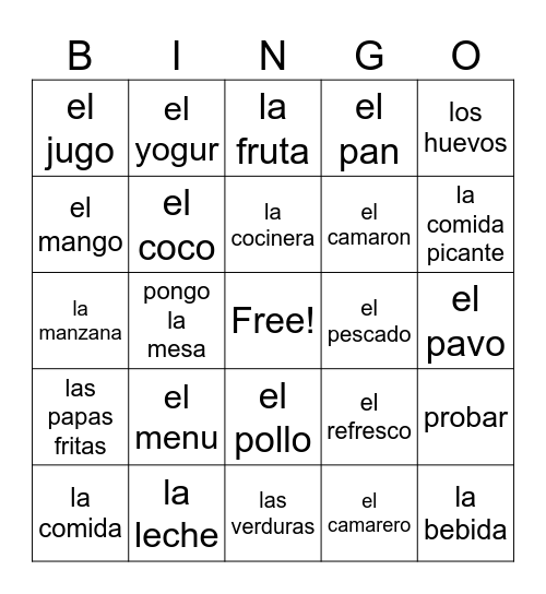Comidas y Bebidas Bingo Card