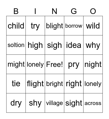 ight, ind, y, ie long I Bingo Card