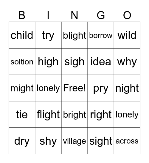 ight, ind, y, ie long I Bingo Card