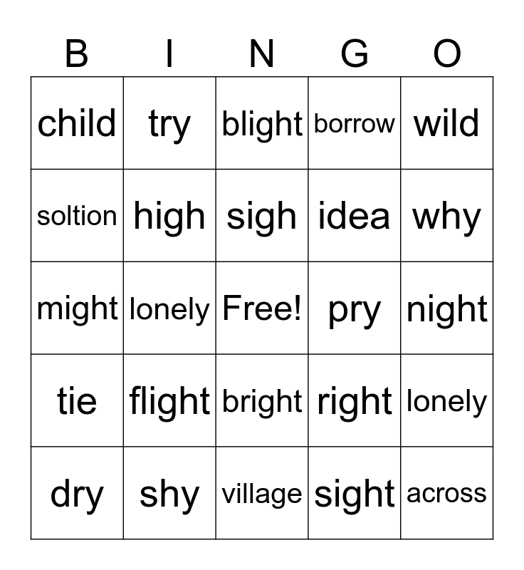 ight, ind, y, ie long I Bingo Card