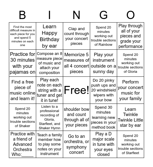 Spring Break- Advanced Orchestra  Bingo Card