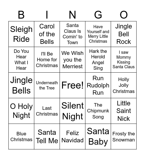 Christmas Music BINGO Card
