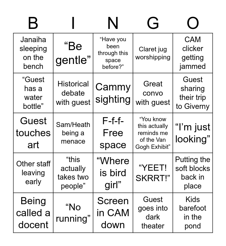 Gallery Host Bingo Card