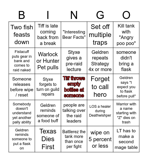 Warlords Raid Bingo Card