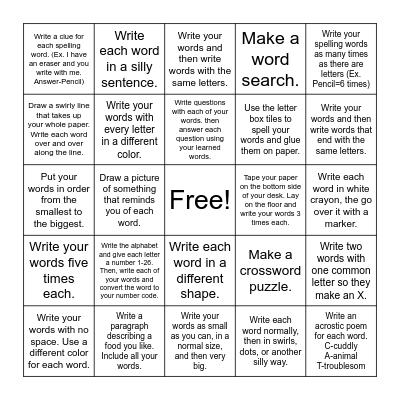 Learned Words Bingo Card