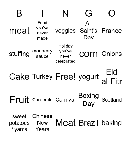 Holiday Traditions around the World Bingo Card