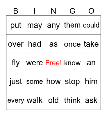 Sight Words Bingo Card