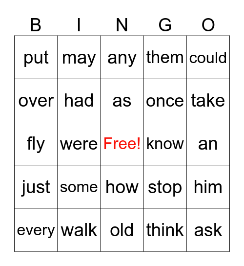 Sight Words Bingo Card