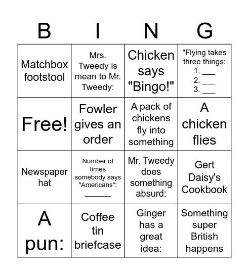 Chicken Run Bingo Card