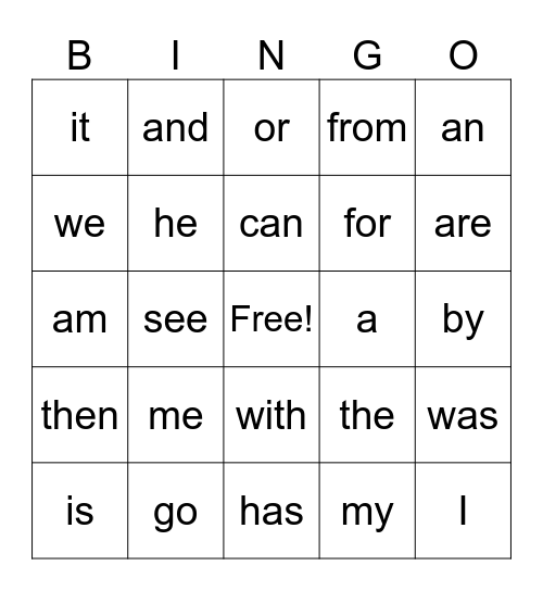 List A Bingo Card