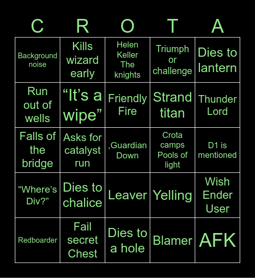 Crota’s LFG Bingo Card