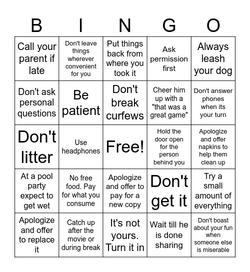 Hidden rules Bingo Card