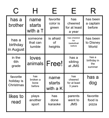 JMS Basketball Cheer Bingo Card