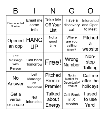 Cold Call Bingo Card