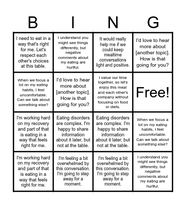 Family Meal Bingo Card