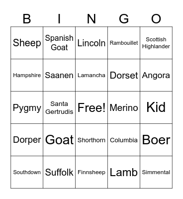 Sheep & Goat Bingo Card