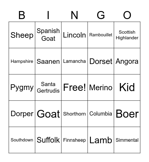 Sheep & Goat Bingo Card