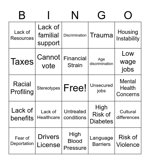 Undocumented Elderly Bingo Card