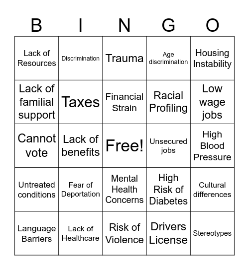 Undocumented Elderly Bingo Card