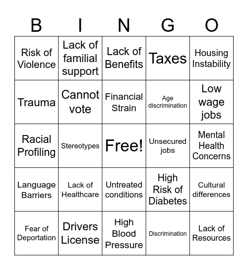 Undocumented Elderly Bingo Card