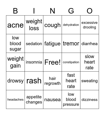 Side Effects Bingo Card