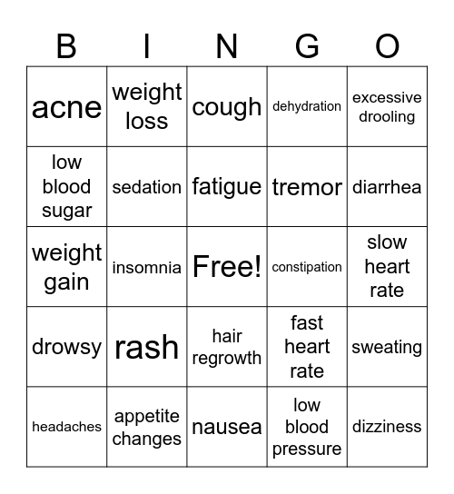 Side Effects Bingo Card