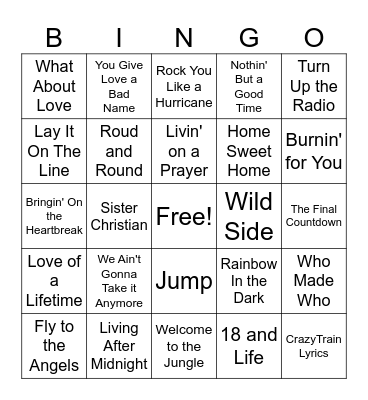 Hair Metal Bingo Card