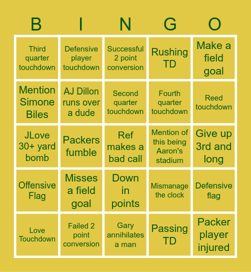 Packers Momday Night Football Bingo Card