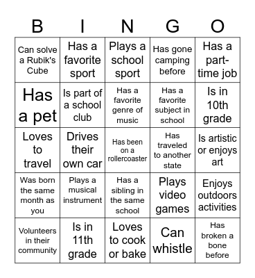 Get to know you BINGO Card
