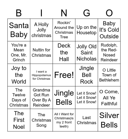 Christmas Carol Bingo Card
