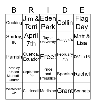 Bridal Bingo Card