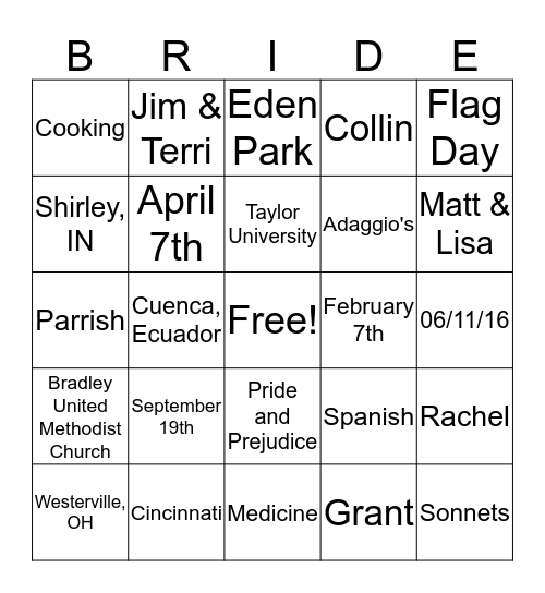 Bridal Bingo Card