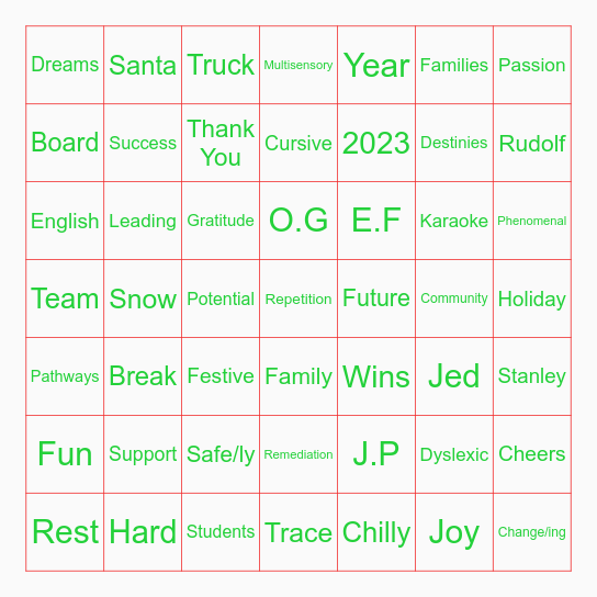 FA Holiday Speech Bingo 2023! Bingo Card