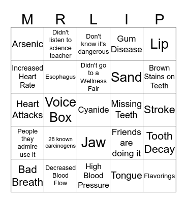Smokeless Tobacco Bingo Card