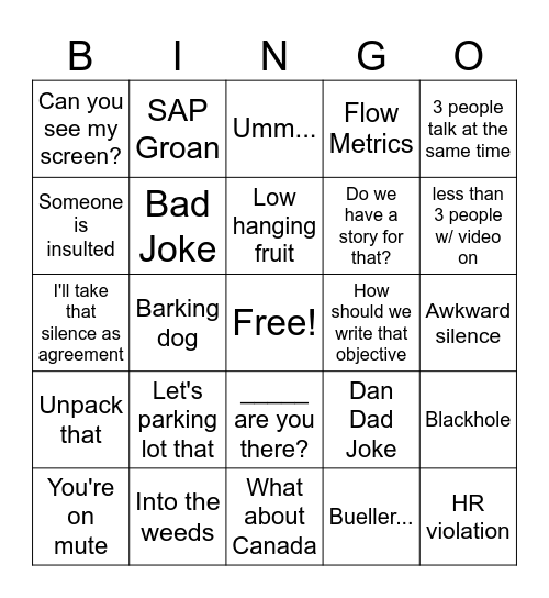 PI Planning Bingo Card