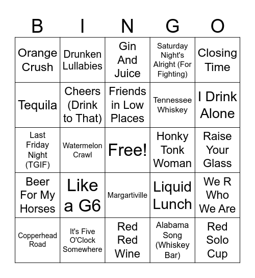 Drinking Songs Bingo Card