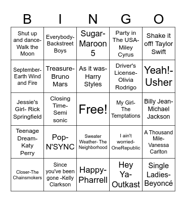 Pop Music Bingo Card