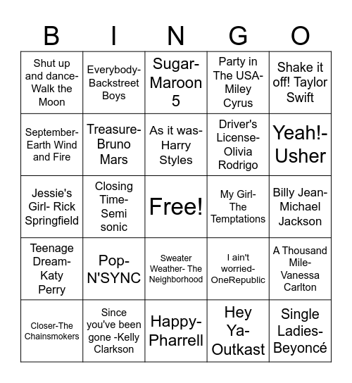 Pop Music Bingo Card