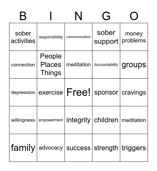 Sobriety Bingo Card