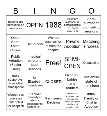 Adoption Bingo Card