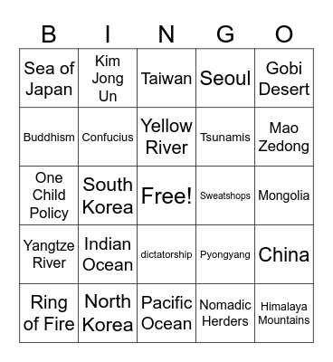 East Asia - Arlyn Bingo Card