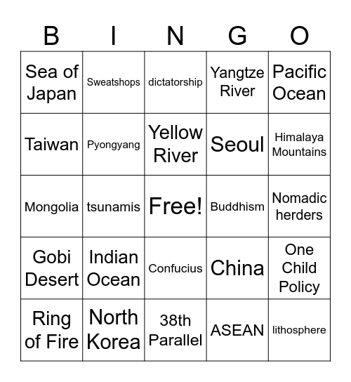 East Asian (Frances) Bingo Card