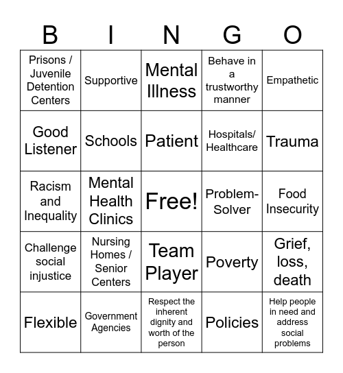 Social Work Bingo Card