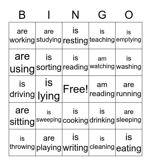 Present continuous tense Bingo Card