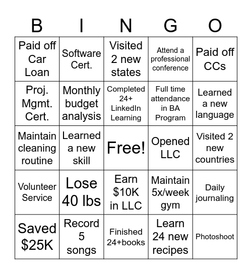 2024 Goals Bingo Card