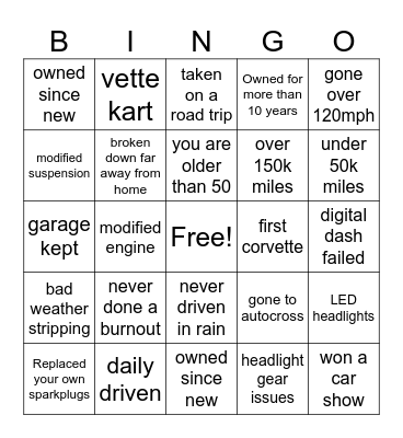 Corvette Bingo Card