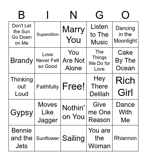 FRONT ROW/ Easy Listening Bingo Card